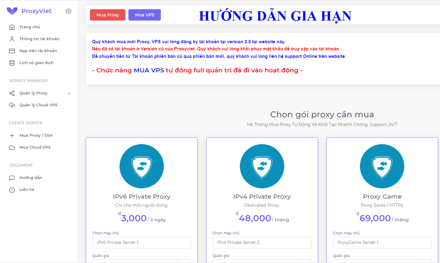 HƯỚNG DẪN NẠP TIỀN tại v2.Proxyviet.net